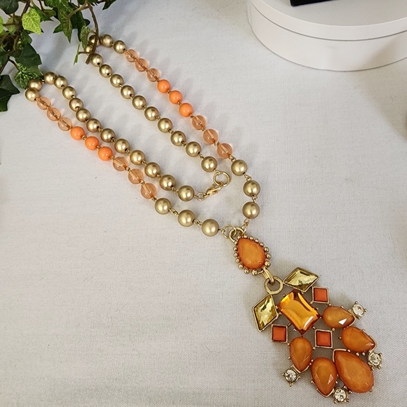 Long Orange and Gold Bead Necklace with Geometric Pendant - Picture 6 of 6
